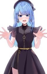 Rule 34 | 1girl, aya02ka, belt, beret, black dress, blue eyes, blue hair, blush, dress, earrings, flower, hair flower, hair ornament, hairclip, hat, highres, hololive, hoshimachi suisei, hoshimachi suisei (8th costume), jewelry, long hair, looking at viewer, official alternate costume, official alternate hairstyle, open hands, open mouth, simple background, solo, star (symbol), star in eye, straight hair, sweatdrop, symbol in eye, v-shaped eyebrows, virtual youtuber, white background, wing collar, yellow belt, zipper pull tab