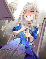 Rule 34 | 1girl, aqua hair, blue choker, blunt bangs, blush, braid, brushing hair, bukkake, choker, comb, commentary request, crown braid, cum, cum in container, cum in cup, cum on body, cum on clothes, cum on hair, cum on hands, ear blush, facial, formal, hair ornament, highres, holding, holding comb, jewelry, lize helesta, long hair, multicolored hair, necklace, nijisanji, one eye closed, president r18, purple eyes, silver hair, simulated facial, sitting, solo, tearing up, tears, virtual youtuber