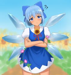 Rule 34 | 1girl, absurdres, artist request, blue dress, blue eyes, blue hair, blue ribbon, cirno, confused, crossed arms, dress, dwune, facing viewer, flower, head tilt, highres, ice, ice wings, plant, ribbon, short hair, solo, sunflower, tagme, tanned cirno, touhou, vines, wings