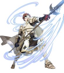 Rule 34 | 1boy, 88 taho, armor, armored boots, aura, boots, cape, conrad (fire emblem), fire emblem, fire emblem echoes: shadows of valentia, fire emblem heroes, full body, fur trim, gloves, highres, male focus, mask, nintendo, official art, open mouth, orange hair, polearm, scarf, solo, spear, teeth, transparent background, weapon, white armor