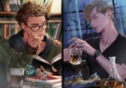Rule 34 | 2boys, alcohol, animification, black shirt, blue eyes, book, brown eyes, brown hair, closed mouth, coffee cup, collarbone, column lineup, cup, day, disposable cup, drinking glass, expressionless, food, funpjinju, glasses, green jacket, harry osborn, holding, holding cup, indoors, jacket, male focus, marvel, multiple boys, night, peter parker, shirt, short hair, shorts, spider-man (series), the amazing spider-man, watch, wristwatch