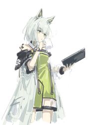 1girl animal_ears arknights bare_shoulders coffee_mug cropped_legs cup dress drink fuyukono green_dress green_eyes grey_hair highres holding holding_drink kal&#039;tsit_(arknights) looking_down material_growth mug oripathy_lesion_(arknights) parted_lips short_hair_with_long_locks sketch solo standing steam watch wristwatch