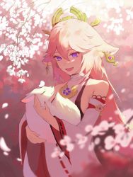 Rule 34 | 1girl, absurdres, animal, animal ears, bare shoulders, blurry, blurry foreground, branch, breasts, cherry blossoms, chinese commentary, closed eyes, closed mouth, commentary request, detached sleeves, earrings, fingernails, flower, fox, fox ears, fox girl, gem, genshin impact, gold, gold earrings, grey shirt, hair between eyes, hair ornament, hands up, highres, japanese clothes, jewelry, long fingernails, long hair, long sleeves, looking at another, looking down, medium breasts, miggle27874497, nail polish, nontraditional miko, open mouth, petals, pink background, pink hair, pink nails, pink theme, purple eyes, purple gemstone, red skirt, shirt, skirt, smile, standing, sunlight, tongue, tree, vision (genshin impact), white flower, white fur, wide sleeves, yae miko