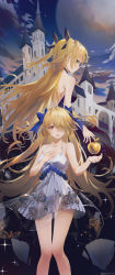 Rule 34 | 1girl, absurdres, apple, backless dress, backless outfit, bare shoulders, black ribbon, blonde hair, blue dress, blue flower, blue ribbon, braid, collarbone, dress, fischl (ein immernachtstraum) (genshin impact), fischl (genshin impact), flower, food, fruit, genshin impact, golden apple, green eyes, hair ribbon, halterneck, highres, knees together feet apart, long hair, looking at viewer, multiple views, one eye covered, parted lips, red eyes, ribbon, see-through, see-through skirt, skirt, sundress, swkl:d, white dress