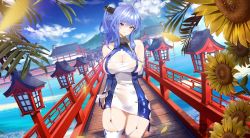 Rule 34 | 1girl, azur lane, blue hair, breasts, bridge, cleavage, elbow gloves, flower, garter straps, gloves, licking lips, long hair, looking at viewer, miniskirt, red eyes, side ponytail, side slit, sideboob, skirt, st. louis (azur lane), sunflower, thick thighs, thighhighs, thighs, tongue, tongue out, uniform, white thighhighs