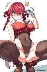Rule 34 | 1girl, absurdres, artist name, ass, blush, breasts, brown thighhighs, cleavage, covered navel, cropped jacket, empty eyes, gloves, groin, hair ribbon, heterochromia, highleg, highleg leotard, highres, hololive, houshou marine, houshou marine (1st costume), hypnosis, jacket, large breasts, leotard, leotard under clothes, mind control, niwatorigun, one empty eye, open mouth, red eyes, red hair, red jacket, red ribbon, ribbon, see-through, sidelocks, spread legs, squatting, thighhighs, thighs, twintails, v, virtual youtuber, white gloves, yellow eyes