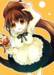 Rule 34 | 1girl, arm up, armpits, breasts, brown eyes, brown hair, food, fruit, hanahubuki1991, highres, large breasts, long hair, looking at viewer, parfait, ponytail, simple background, solo, strawberry, taneshima popura, very long hair, waitress, working!!