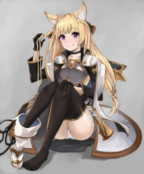 Rule 34 | 10s, 1girl, animal ears, armor, black gloves, black thighhighs, blonde hair, blush, boots, braid, breastplate, closed mouth, coat, erune, full body, gloves, granblue fantasy, grey background, half updo, hand in own hair, hand up, highres, koenza botoke, long hair, long sleeves, looking at viewer, panties, pantyshot, purple eyes, shoes, single boot, single shoe, sitting, smile, solo, thighhighs, thighs, underwear, white coat, white panties, yuisis (granblue fantasy)