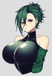 Rule 34 | 1girl, absurdres, bare shoulders, breasts, detached sleeves, green hair, highres, hz (666v), large breasts, looking at viewer, original, pointy ears, ponytail, red eyes, short hair, zipper