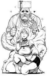 Rule 34 | 1boy, 1girl, ?, animal, boots, cellphone, choker, collarbone, confused, dog, fingernails, greyscale, hatching (texture), heart, highres, ireading, long fingernails, long hair, monochrome, on one knee, open mouth, original, phone, ponytail, puffy sleeves, round teeth, selfie, selfie stick, signature, simple background, skirt, sleeves rolled up, smile, sparkle, sweat, teeth, upper teeth only, w, white background