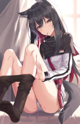 Rule 34 | 1girl, absurdres, animal ears, arknights, ass, backlighting, belt, black capelet, black hair, black pantyhose, capelet, cigarette, clothes pull, commentary request, curtains, grey panties, highres, huge filesize, id card, indoors, knees up, long sleeves, mouth hold, multicolored hair, no shoes, orange eyes, panties, pantyhose, pantyhose pull, red hair, sitting, smoke, smoking, so myeolchi, solo, tail, texas (arknights), two-tone hair, underwear, undressing, window, wolf ears, wolf girl, wolf tail