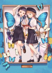 Rule 34 | 2girls, beret, black hair, black headwear, blonde hair, blue legwear, blue neckwear, blue skirt, blunt bangs, book, bow, braid, brown footwear, bug, butterfly, butterfly net, candy, cherico, collared shirt, food, green eyes, hair bow, hand net, hat, holding, holding book, insect, lollipop, long hair, looking at viewer, multiple girls, necktie, net, open mouth, original, parted lips, pleated skirt, reading, red eyes, school uniform, shirt, shoes, short sleeves, skirt, smile, socks, standing, twintails, white bow, white legwear, white shirt