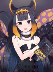 Rule 34 | 1girl, :d, absurdres, ao-chan (ninomae ina&#039;nis), bare shoulders, black dress, black eyes, black gloves, black hair, blue hair, blush, book, commentary request, dark background, dress, flat chest, fur collar, gloves, gradient background, halo, heart, highres, holding, holding book, hololive, hololive english, looking at viewer, mole, mole under eye, multicolored hair, ninomae ina&#039;nis, ninomae ina&#039;nis (1st costume), open mouth, orange hair, pointy ears, shibainu, sidelocks, smile, solo, straight hair, strapless, strapless dress, tentacle hair, tentacles, upper body, virtual youtuber
