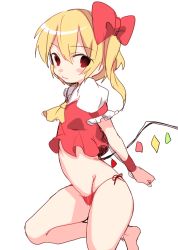 Rule 34 | 1girl, arms behind back, ascot, bad id, bad pixiv id, bare legs, blonde hair, blush, bow, closed mouth, crop top, crystal, fang, flandre scarlet, foot out of frame, from side, hair between eyes, hair bow, looking to the side, no headwear, one side up, panties, paragasu (parags112), puffy short sleeves, puffy sleeves, red bow, red eyes, red panties, red vest, shirt, short hair, short sleeves, side-tie panties, simple background, solo, touhou, underwear, vest, white background, white shirt, wings, yellow ascot
