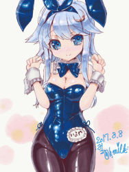 Rule 34 | 10s, 2017, animal ears, badge, black pantyhose, blue bow, blue bowtie, blue eyes, blue hair, blue leotard, bow, bowtie, cowboy shot, dated, detached collar, fake animal ears, frills, kantai collection, leotard, looking at viewer, miuku (marine sapphire), pantyhose, playboy bunny, rabbit ears, short hair, short hair with long locks, signature, smile, solo, twitter username, wrist cuffs, yayoi (kancolle)