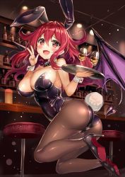 Rule 34 | 10s, 1girl, akabane (zebrasmise), animal ears, ass, bar (place), black bow, black bowtie, black leotard, blush, bow, bowtie, breasts, brown pantyhose, cleavage, commentary request, cup, demon girl, demon tail, detached collar, drinking glass, fake animal ears, fang, full body, guzuko, hair between eyes, hair flaps, high heels, highres, indoors, jumping, large breasts, leotard, long hair, looking at viewer, lostorage wixoss, open mouth, pantyhose, playboy bunny, rabbit ears, rabbit tail, red eyes, red hair, smile, solo, stool, strapless, strapless leotard, tail, tray, v, wine glass, wixoss, wrist cuffs