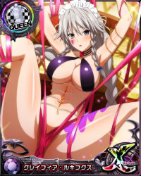 Rule 34 | 1girl, blue bow, bow, braid, breasts, card (medium), chess piece, cleavage, facial mark, female focus, grayfia lucifuge, grey eyes, grey hair, hair bow, high school dxd, large breasts, long hair, looking at viewer, maid headdress, matching hair/eyes, mature female, navel, official art, queen (chess), revealing clothes, solo, twin braids, underboob