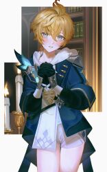 Rule 34 | 1boy, 4the2ofus, ahoge, artist name, black gloves, blonde hair, blue eyes, blue gemstone, blue jacket, blush, book, bookshelf, border, candle, gem, genshin impact, gloves, hair between eyes, hands up, highres, hood, hoodie, jacket, lapels, library, long sleeves, looking at viewer, male focus, mika (genshin impact), open clothes, open jacket, outside border, own hands together, short hair, shorts, solo, standing, sweatdrop, teeth, vision (genshin impact), white border, white hoodie, white shorts