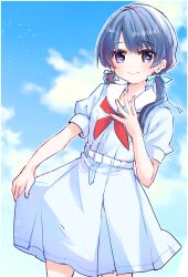 Rule 34 | 1girl, absurdres, blue dress, blue eyes, blue hair, blue ribbon, blue sky, closed mouth, cloud, commentary request, cowboy shot, dark blue hair, dress, hair ribbon, hand up, hasu no sora school uniform, highres, kanduki kamibukuro, link! like! love live!, long hair, looking at viewer, love live!, low twintails, medium dress, murano sayaka, neckerchief, pleated dress, puffy short sleeves, puffy sleeves, red neckerchief, ribbon, sailor collar, sailor dress, school uniform, short sleeves, skirt hold, sky, smile, solo, split mouth, summer uniform, twintails, virtual youtuber, white sailor collar