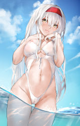 Rule 34 | 1girl, alternate costume, areola slip, blue sky, breasts, cameltoe, casual one-piece swimsuit, cleft of venus, cloud, covered erect nipples, day, headband, highres, kantai collection, large breasts, long hair, navel, one-piece swimsuit, outdoors, partially submerged, red headband, see-through, shoukaku (kancolle), sky, solo, swimsuit, tororo ten, white hair, white one-piece swimsuit, yellow eyes