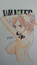 Rule 34 | back, blush, breasts, from behind, kaz (artist), large breasts, log pose, looking back, nami (one piece), one piece, smile, tattoo
