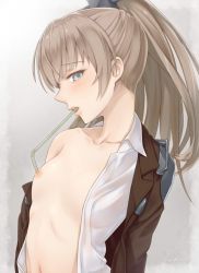 Rule 34 | 10s, 1girl, blue eyes, brown hair, collarbone, drinking straw, flat chest, jpeg artifacts, kanden sky, kantai collection, kumano (kancolle), long hair, looking at viewer, mouth hold, navel, nipples, open clothes, open shirt, ponytail, shirt, solo, twitter username, upper body