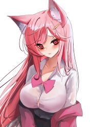 Rule 34 | 1girl, absurdres, animal ear fluff, animal ears, black skirt, blush, bow, bowtie, bread hair ornament, breasts, cat ears, cat girl, collared shirt, commentary, highres, indie virtual youtuber, jacket, large breasts, long hair, looking at viewer, nini yuuna, parted lips, pink bow, pink bowtie, pink eyes, pink hair, pink jacket, pleated skirt, rifufu, shirt, simple background, skirt, solo, swept bangs, upper body, very long hair, virtual youtuber, white background, white shirt