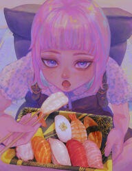 Rule 34 | 1girl, absurdres, blunt bangs, chair, chopsticks, commentary request, fish (food), food, from above, highres, holding, holding chopsticks, holding plate, indian style, kiirou (yellowu), open mouth, original, overall shorts, overalls, pink hair, plate, purple eyes, sashimi, sidelocks, sitting, solo, sushi