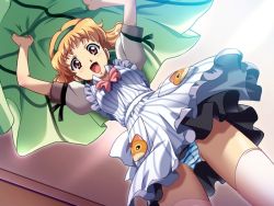 Rule 34 | 1girl, ano machi no koi no uta, blonde hair, cathead, from below, game cg, hairband, kimura takahiro, looking down, looking up, panties, pantyshot, red eyes, solo, source request, striped clothes, striped panties, thighhighs, underwear, upskirt, waitress