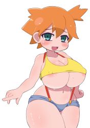 Rule 34 | 1girl, adapted costume, asymmetrical hair, bare legs, blush, breasts, cowboy shot, creatures (company), denim, denim shorts, game freak, green eyes, gym leader, highres, huge breasts, large breasts, legs, legs together, misty (pokemon), miyazero, navel, nintendo, nipples, one-piece swimsuit, one eye closed, orange hair, pokemon, pokemon (anime), pokemon (classic anime), ponytail, red hair, shirt, short hair, short shorts, shorts, side ponytail, simple background, smile, solo, suspenders, swimsuit, tank top, thick thighs, thighs, underboob, white background, white one-piece swimsuit, wide hips, yellow shirt