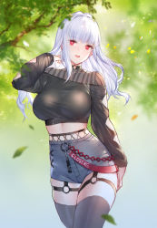 Rule 34 | 1girl, :d, black choker, black shirt, black thighhighs, breasts, bright pupils, choker, closers, cowboy shot, crop top, fishnets, grey shorts, hand on own hip, hand up, high-waist shorts, highres, large breasts, long hair, long sleeves, looking at viewer, midriff, mirae (closers), off-shoulder shirt, off shoulder, open mouth, red eyes, shirt, short shorts, shorts, skindentation, smile, solo, standing, swd3e2, taut clothes, taut shirt, thigh strap, thighhighs, thighs, undershirt, white hair
