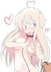 Rule 34 | 1girl, :p, absurdres, ahoge, bdsm, blonde hair, blue eyes, blush, breasts, bural chingu, collar, grabbing own breast, heart, heart ahoge, heart hands, highres, leash, long hair, looking at viewer, navel, nude, park noah, pet play, simple background, slave, solo focus, tongue, tongue out, two side up, white background, wweed