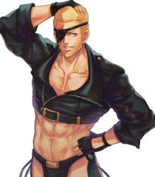 Rule 34 | 1boy, abs, angel (kof), angel (kof) (cosplay), arm up, beard, black gloves, black jacket, black male underwear, blonde hair, blue eyes, chaps, collarbone, commentary, cosplay, cropped jacket, english commentary, eyepatch, facial hair, fingerless gloves, gloves, grin, hand on own hip, hand on own head, happy, highres, jacket, ktovhinao, long sleeves, looking at viewer, male focus, male underwear, pectoral cleavage, pectorals, ramon (kof), short hair, simple background, smile, solo, the king of fighters, toned, toned male, underwear, white background, zipper, zipper pull tab