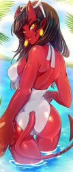 Rule 34 | 1girl, ass, bare arms, bare shoulders, black hair, breasts, casual one-piece swimsuit, clothing cutout, colored skin, commentary, demon girl, demon tail, earrings, eyewear on head, freckles, from behind, highres, holding hands, horns, jewelry, lips, long hair, medium breasts, meruccubus (merunyaa), merunyaa, mole, mole under eye, one-piece swimsuit, original, pointy ears, pov, pov hands, red skin, shoulder blades, sideboob, skin-covered horns, smile, solo, sunglasses, swimsuit, tail, tail through clothes, thigh gap, wading, water, white one-piece swimsuit, yellow eyes
