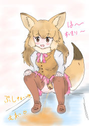 Rule 34 | 1girl, animal ears, black hair, blush, bow, bowtie, breasts, brown eyes, brown footwear, brown hair, brown thighhighs, brown vest, culpeo (kemono friends), fox ears, fox girl, fox tail, grey shirt, hands on own knees, highres, hinoto (pixiv48761170), kemono friends, large breasts, long hair, long sleeves, mat, multicolored hair, open mouth, peeing, pink neckwear, pink skirt, plaid, plaid neckwear, plaid skirt, pubic hair, puddle, pussy, shirt, shoes, skirt, smile, squatting, tail, thighhighs, two-tone hair, uncensored, vest
