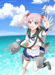 Rule 34 | 1girl, adapted turret, apron, badge, blue sailor collar, blue skirt, blue sky, cannon, cloud, commentary request, cowboy shot, dated, day, foreshortening, frilled skirt, frills, hair bobbles, hair ornament, horizon, kantai collection, kneehighs, looking at viewer, machinery, ocean, outdoors, pink eyes, pink hair, puffy short sleeves, puffy sleeves, rabbit, sailor collar, sazanami (kancolle), sazanami kai (kancolle), school uniform, serafuku, short hair, short sleeves, skirt, sky, smile, smokestack, socks, takamura tabisuke, thighhighs, torpedo launcher, turret, twintails, twitter username, white thighhighs, wrist cuffs