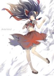 Rule 34 | 10s, 1girl, 2016, absurdres, alternate eye color, animal, artist name, bare shoulders, blue eyes, bow, brown hair, crop top, dated, eyebrows, feathers, floating hair, frilled bow, frills, groin, hair bow, hair ornament, hair tubes, hakurei reimu, hands up, highres, huali, long hair, looking at viewer, midriff, navel, necktie, open mouth, ribbon, ribbon-trimmed skirt, ribbon trim, sandals, sidelocks, simple background, skirt, skirt set, sleeveless, smile, solo, standing, standing on one leg, teeth, touhou, white background, white necktie, white ribbon, wristband
