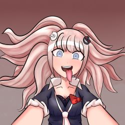 Rule 34 | 1girl, :p, bear hair ornament, black bra, black shirt, blonde hair, bow, bowtie, bra, breasts, cleavage, collarbone, crazy eyes, crazy smile, danganronpa: trigger happy havoc, danganronpa (series), enoshima junko, female focus, gradient background, grey background, hair ornament, head tilt, highres, long hair, long tongue, looking at viewer, medium breasts, necktie, open mouth, outstretched arms, red background, red bow, red neckwear, school uniform, selfie, shirt, sidelocks, simple background, smile, solo, spoilers, standing, teeth, theartistaurora, tongue, tongue out, twintails, underwear, upper body, upper teeth only, white neckwear