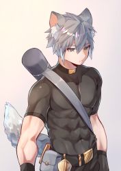 Rule 34 | 1boy, animal ear fluff, animal ears, belt, belt pouch, black shirt, closed mouth, commentary, covered collarbone, covered navel, dog boy, dog ears, dog tail, expressionless, gradient background, green eyes, grey background, hair between eyes, highres, kurobikari, male focus, muscular, muscular male, original, pouch, shirt, short hair, short sleeves, shoulder strap, skin tight, solo, tail, thick eyebrows, upper body, very short hair, weapon, weapon on back, yellow background