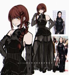 Rule 34 | 1girl, alternate costume, bare shoulders, black dress, black ribbon, braid, breasts, chainsaw man, character request, cleavage, closed mouth, commentary, criis-chan, dress, earrings, elbow gloves, english commentary, gloves, goth fashion, hair ribbon, jewelry, large breasts, long hair, looking at viewer, makima (chainsaw man), orange eyes, photo-referenced, photo inset, real life, red hair, reference inset, ribbon, ringed eyes, see-through, see-through cleavage, smile, thighhighs, twitter username, white background, zettai ryouiki