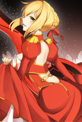 Rule 34 | 10s, 1girl, aestus estus, ahoge, ass cutout, backless dress, backless outfit, blonde hair, blush, butt crack, clothing cutout, curtsey, dress, fate/extra, fate (series), from behind, green eyes, hair ribbon, juliet sleeves, juugonichi (wheeliex2), long sleeves, looking back, nero claudius (fate), nero claudius (fate) (all), nero claudius (fate/extra), puffy sleeves, ribbon, smile, solo, sword, weapon