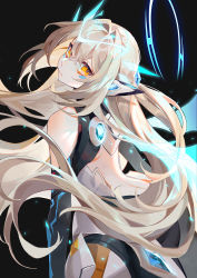 Rule 34 | 1girl, arched back, back, backless outfit, bad id, bad pixiv id, bare shoulders, black background, closed mouth, clothing cutout, code: sariel (elsword), crown, elsword, energy wings, eve (elsword), expressionless, facial mark, floating hair, from behind, hair between eyes, hair intakes, long hair, looking at viewer, looking back, machi (7769), mechanical ears, orange eyes, shoulder cutout, silver hair, simple background, solo, very long hair, wings