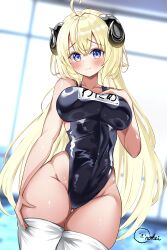 1girl absurdres ahoge alternate_costume animal_ears blonde_hair blue_one-piece_swimsuit blush breasts hand_on_own_thigh highres hololive horns inokeiwd large_breasts long_hair looking_at_viewer one-piece_swimsuit purple_eyes sheep_ears sheep_girl sheep_horns solo swimsuit thighhighs tsunomaki_watame very_long_hair virtual_youtuber white_thighhighs