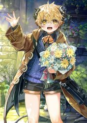 Rule 34 | 1boy, arm up, bag, blonde hair, blush, bouquet, coat, demon boy, demon tail, flower, hair between eyes, highres, holding, holding bouquet, horns, indoors, komota (kanyou shoujo), looking at viewer, male focus, open clothes, open coat, open mouth, original, plant, potted plant, short hair, shorts, shoulder bag, smile, solo, sweater, tail, waving, yellow eyes