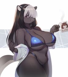 Rule 34 | 1girl, animal ears, bikini, black hair, blue bikini, breasts, cup, furry, furry female, hair over one eye, highres, holding, holding cup, korean commentary, large breasts, looking at viewer, multicolored hair, original, solo, swimsuit, tail, two-tone hair, white background, white hair, whooo-ya, yellow eyes