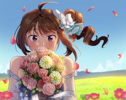 Rule 34 | 1girl, ahoge, alternate costume, blush, bouquet, bow, brown hair, day, dress, drill hair, flower, full-face blush, hair bow, holding, holding bouquet, idolmaster, idolmaster million live!, idolmaster million live! theater days, kamille (vcx68), looking at viewer, outdoors, purple eyes, short hair, side drill, solo, upper body, white bow, white dress, yokoyama nao