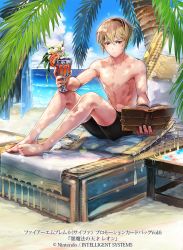 Rule 34 | 1boy, abs, barefoot, beach, black jammers, black male swimwear, blonde hair, book, brown eyes, chair, chalice, company name, copyright name, cup, cushion, day, drink, fire emblem, fire emblem cipher, fire emblem fates, flower, frown, full body, hair between eyes, holding, holding book, holding cup, itou misei, jammers, knees up, leo (fire emblem), looking at viewer, lounge chair, male focus, male swimwear, nintendo, ocean, official art, orange eyes, outdoors, palm tree, sitting, solo, sunlight, swimsuit, tassel, tomato, topless male, tree, water