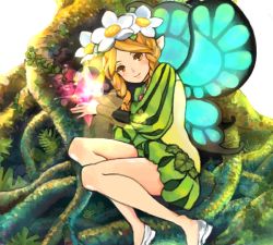 Rule 34 | 1girl, bare legs, blonde hair, braid, butterfly wings, crystal, fairy, fairy wings, fantasy, fern, flower, hair flower, hair ornament, insect wings, kaworu, looking at viewer, mercedes (odin sphere), nature, odin sphere, orange eyes, outdoors, plant, plant roots, pointy ears, puff and slash sleeves, puffy sleeves, smile, solo, tree, twin braids, vines, wings