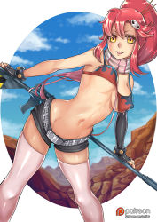 Rule 34 | 1girl, bare shoulders, belt, bikini, bikini top only, blue sky, blurry, blurry background, bouncing breasts, bracelet, breasts, covered erect nipples, day, elbow gloves, feet out of frame, flame print, giovanni zaccaria, gloves, gun, hair ornament, hair stick, holding, holding gun, holding weapon, jewelry, leaning forward, legs apart, long hair, looking at viewer, medium breasts, mountainous horizon, open mouth, outside border, patreon logo, pink scarf, pink thighhighs, ponytail, red hair, rifle, scarf, shiny clothes, shiny skin, short shorts, shorts, sidelocks, skull hair ornament, sky, smile, sniper rifle, solo, standing, striped clothes, striped scarf, studded belt, swimsuit, tengen toppa gurren lagann, thighhighs, unaligned breasts, underboob, very long hair, watermark, weapon, web address, yellow eyes, yoko littner