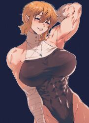 1girl absurdres armpits bandaged_arm bandages breasts closed_eyes commentary_request covered_abs cross cross_necklace hair_between_eyes highres jewelry korean_commentary large_breasts leotard muscular muscular_female necklace original short_hair smile solo spoiledmuffin teeth